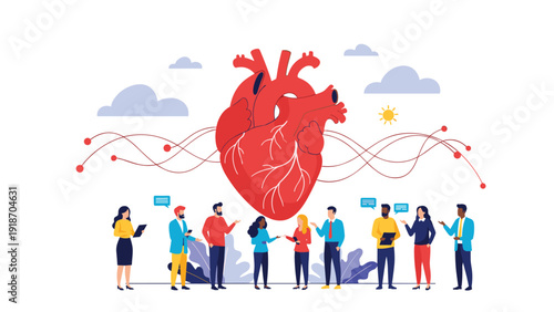 Diverse group of people standing under a giant anatomical human heart with lines representing blood flow to symbolize healthcare and cardiology.
