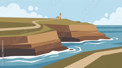 Lighthouse on Coastal Cliffs with Winding Path and Ocean View, Flat Design