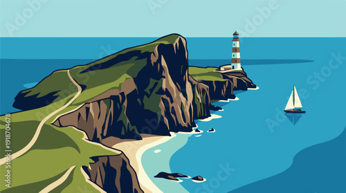 Coastal landscape with lighthouse on cliff, winding path, sandy beach, and sailboat