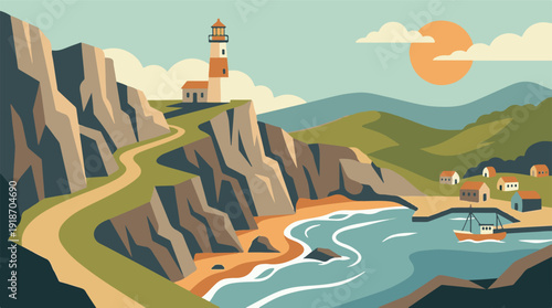 Scenic coastal landscape with lighthouse, village, cliffs, and beach on a sunny day