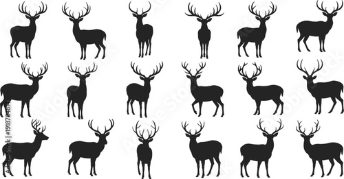 Wild deer buck silhouette collection on white background, black stag with antlers isolated, forest animal nature design elements for hunting,