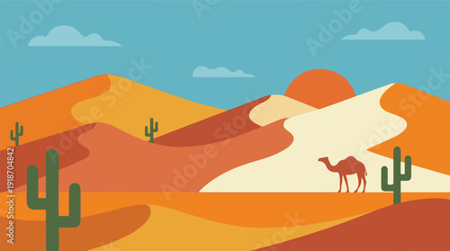 Minimalist desert landscape with sand dunes, camel, cacti, and sunset