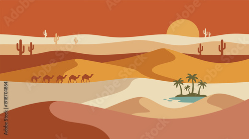 Minimalist Desert Landscape with Camel Caravan, Cactus, Sun, and Oasis