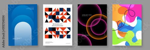 Diverse collection of four abstract posters ranging from blue arches and geometric mosaics to glowing rings and colorful fluid art