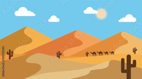 Desert landscape with camel caravan and saguaro cacti under a blue sky
