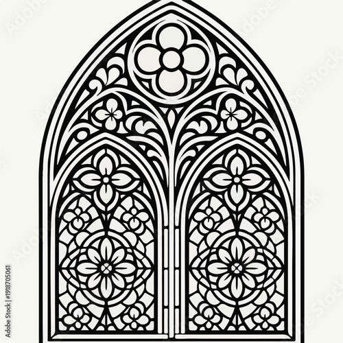 Ornate gothic arch window featuring intricate tracery and detailed floral symmetrical stained glass line art design.