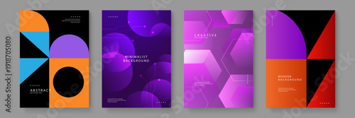 Collection of four abstract vector backgrounds with minimalist geometric shapes and vibrant purple orange color schemes for modern cover design