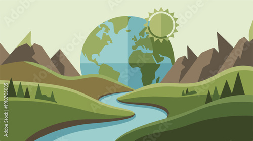 Minimalist natural landscape with mountains, river, Earth globe, and sun