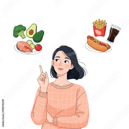 A woman contemplating her meal options, choosing between healthy food like salmon and vegetables or unhealthy fast food.