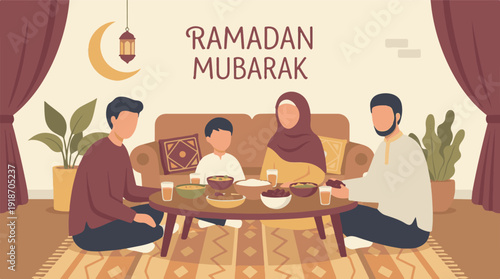 Ramadan Mubarak: Muslim family breaking fast together with Iftar meal