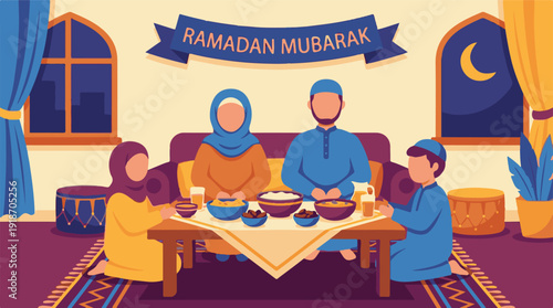 Ramadan Mubarak: Muslim family enjoying Iftar meal together at home