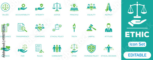 Ethics solid icons set. including justice, integrity, equality, and responsibility. Perfect flat editable vector signs for law, policy, and compliance collection.