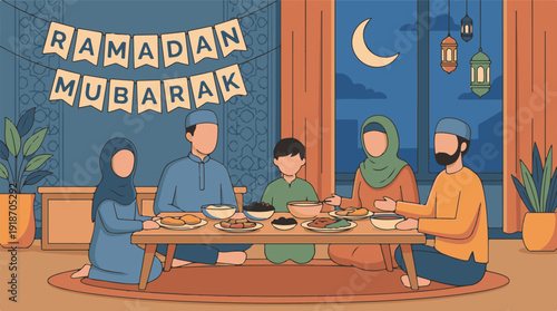 Muslim family sharing Iftar meal at home, celebrating Ramadan Mubarak