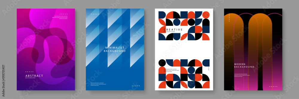 Fototapeta premium Set of four professional abstract backgrounds featuring fluid shapes and geometric patterns for corporate branding and marketing materials