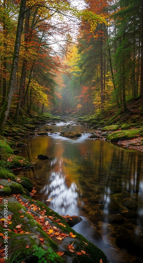 Obraz premium Peaceful Stream Flowing Through a Vibrant Fall Forest.
