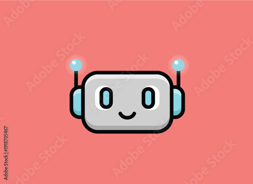 Cute cartoon robot with a smiling face and antenna on a pink background.
