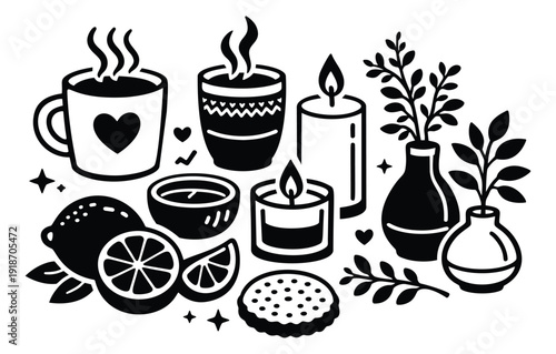 Line art cozy items set featuring hot drinks, lit candles, lemons, and potted plants for relaxation and home comfort