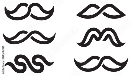 Collection of six stylized mustache icons in black and white, representing different shapes and styles.