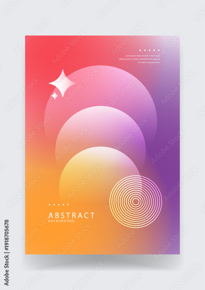 Fototapeta premium Dreamy abstract background with glowing gradient spheres and concentric circles in warm orange red and purple sunset tones