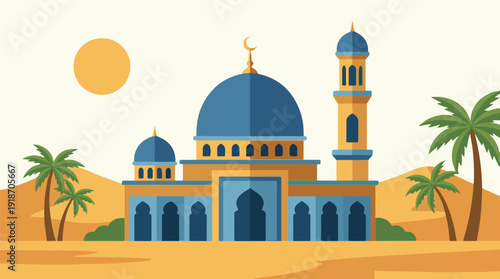 Islamic mosque in desert landscape with palm trees, minimalist illustration
