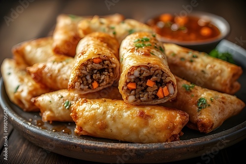 crispy filipino lumpia shanghai spring rolls with ground pork, carrot and onion filling on a plate