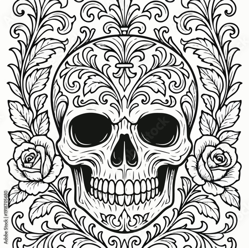 Ornate black and white sugar skull illustration featuring intricate floral scrollwork and detailed surrounding roses for coloring pages.
