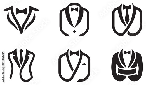 Set of stylized tuxedo and suit jacket icons with bow ties and ties, representing formal wear and elegance.