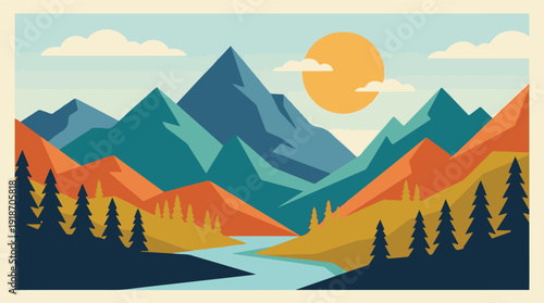 Vibrant flat design illustration of a scenic mountain landscape with river and sun