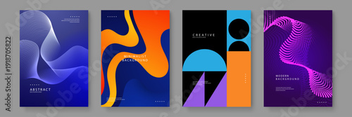 A collection of four modern abstract backgrounds featuring fluid shapes geometric forms and neon color palettes for creative projects