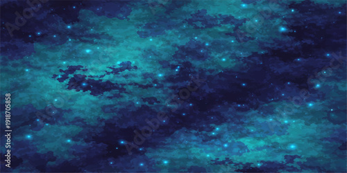 A deep blue fantasy nebula glows within the dark starry night sky, blending cosmic textures with underwater light to create a bright galaxy background across the deep space universe