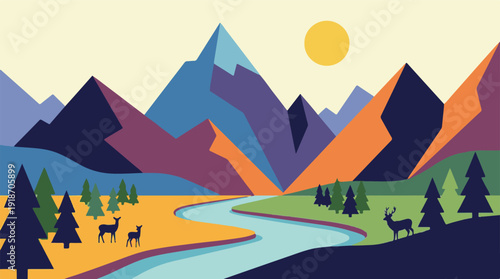 Colorful Geometric Mountain Landscape with River, Forest, and Deer