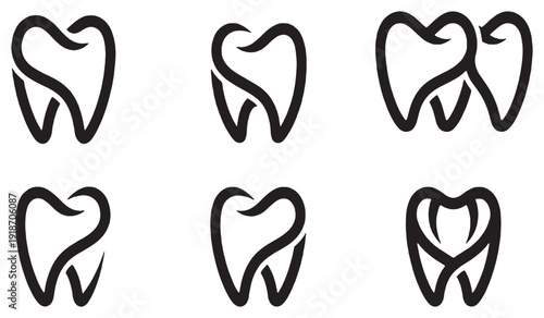 Set of abstract stylized tooth icons, representing dental care and oral hygiene concepts.