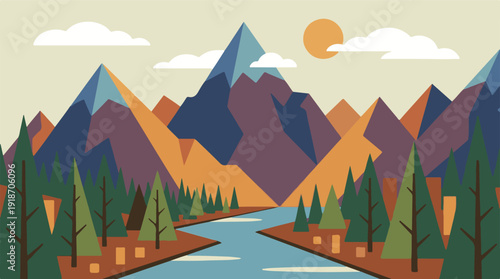 Colorful Geometric Mountain Landscape Illustration with River and Forest