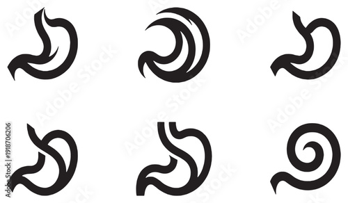 Set of stylized stomach icons in black and white, representing digestive system health and medical concepts.