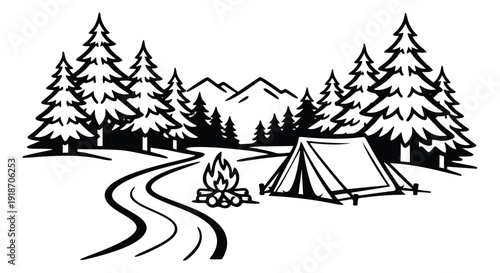 Hand drawn illustration of a camping scene depicting a tent, campfire, and trees for outdoor adventure