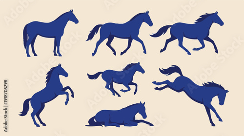 Set of various blue horse silhouettes in different poses on a light background