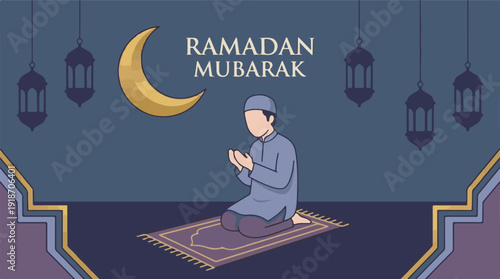 Ramadan Mubarak illustration: Muslim man praying with moon and lanterns
