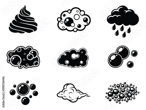 Graphic foam, bubble, and cloud set featuring shaving cream, soap suds, and rain clouds for hygiene, weather, and cleaning concepts