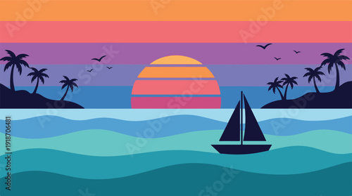 Flat Design Tropical Sunset Seascape with Sailboat and Palm Trees