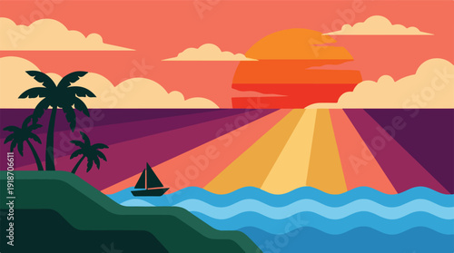 Vibrant tropical sunset with palm trees and sailboat on the ocean