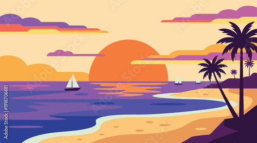 Colorful Tropical Beach Sunset with Palm Trees and Sailboats Flat Design