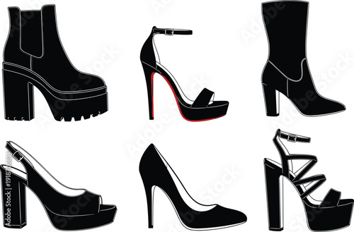 Women high heel shoe silhouettes collection, fashionable footwear design set, elegant boots and heels concept, black vector illustration isolated on white background