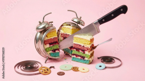 Surreal silver alarm clock made of rainbow layer cake being sliced with a knife on a pink background