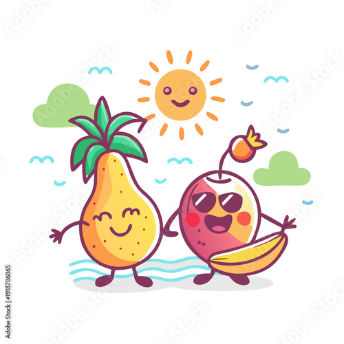 Cheerful Fruit Duo Enjoying Tropical Paradise Ambiance Under Sunny Skies