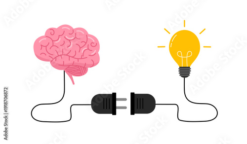 Creativity idea brainstorming, wisdom or imagination to success, connecting new idea or innovation, intelligence or solution concept, connecting plug with lightbulb idea to human brain.