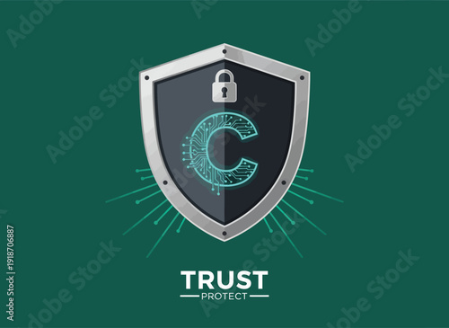 Digital shield with a lock and the letter C, representing protection and trust.