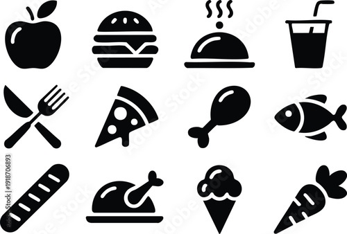 Collection of Twelve Universal Food and Beverage Silhouettes, Monochrome Graphic Set: Diverse Culinary Icons for Menus and Apps, Clean Black-and-White Pictograms Representing Gastronomy and Dining.