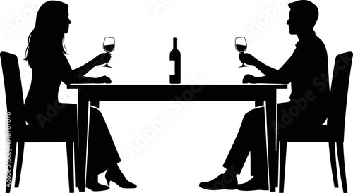 Romantic couple silhouette sitting at a table, having a dinner date with wine glasses and a bottle, elegant evening.