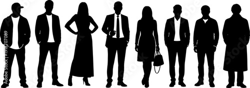 Vector silhouette set of diverse people standing in a row, business professionals, casual men and women, isolated black figures.