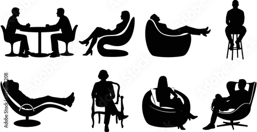 Black silhouettes of people relaxing in various chairs and loungers, men and women sitting at tables and reclining in modern furniture, vector.